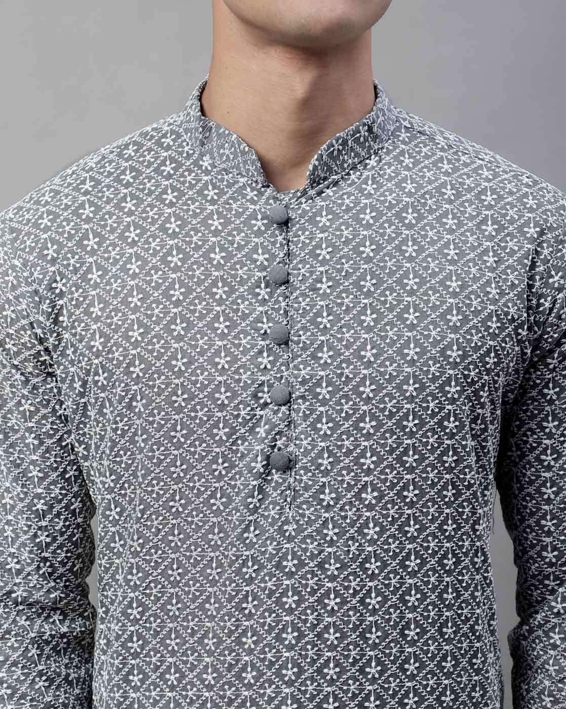 Embroidered Long Kurta with Mandarin Collar
