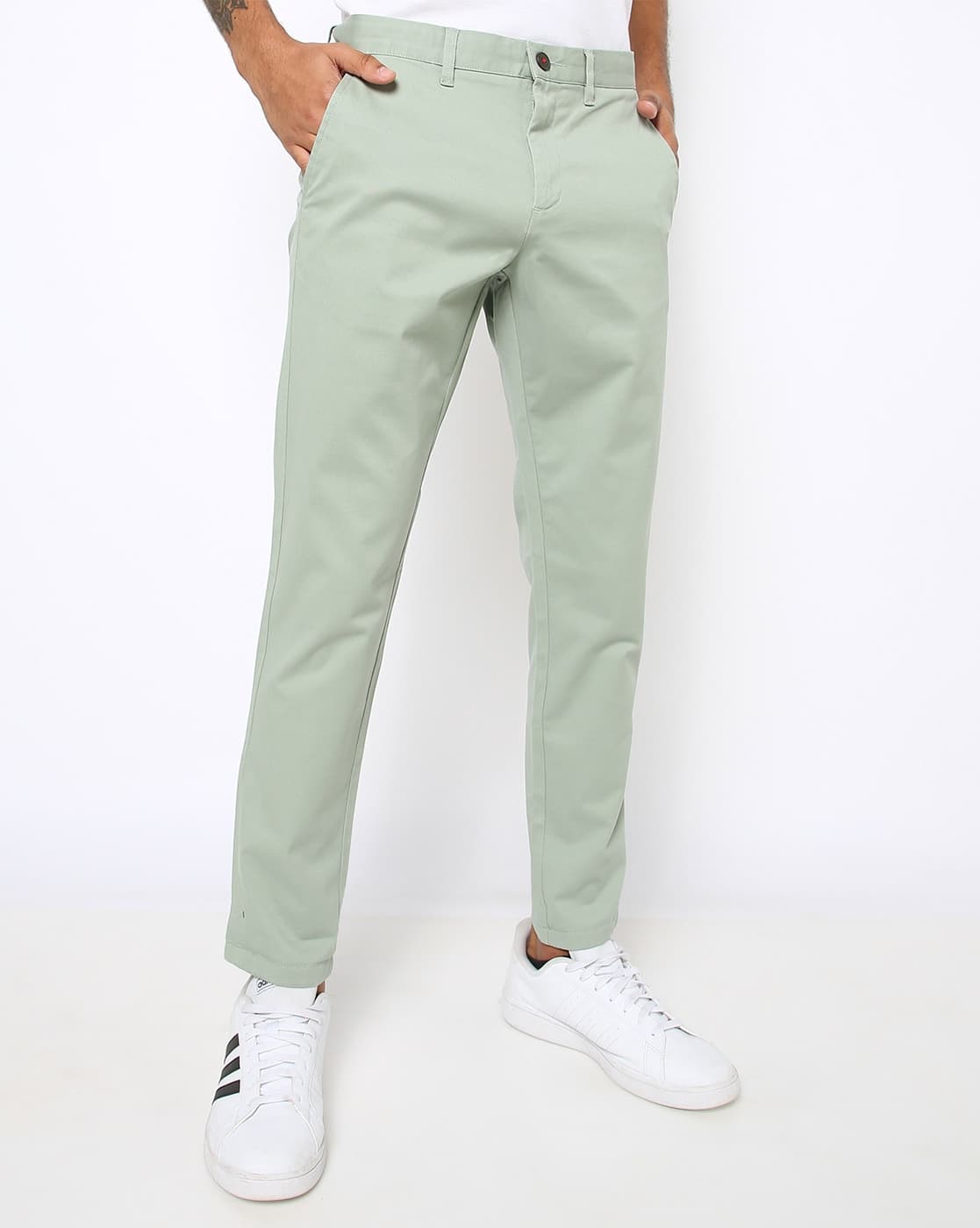 Slim Fit Flat-Front Trousers with Insert Pockets