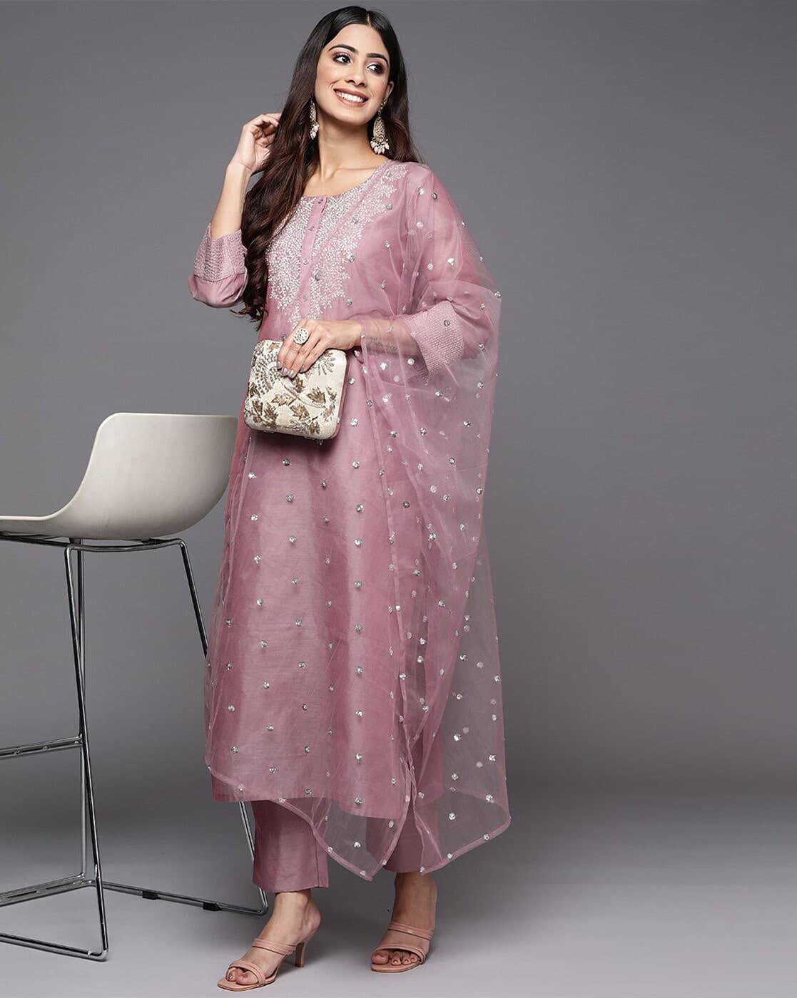 Embellished Straight Kurta with Pants & Dupatta