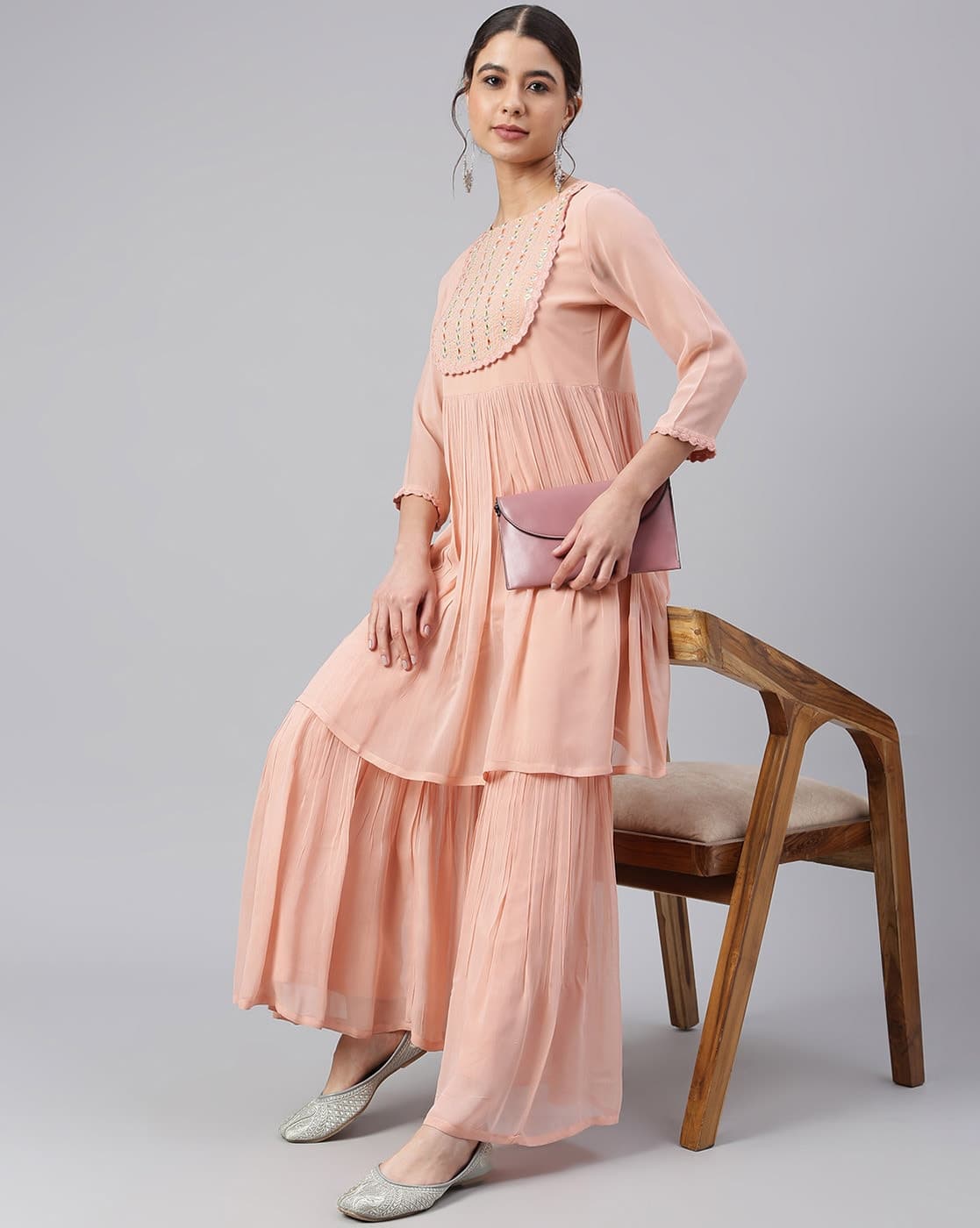Floral Embroidered Flared Kurta Set