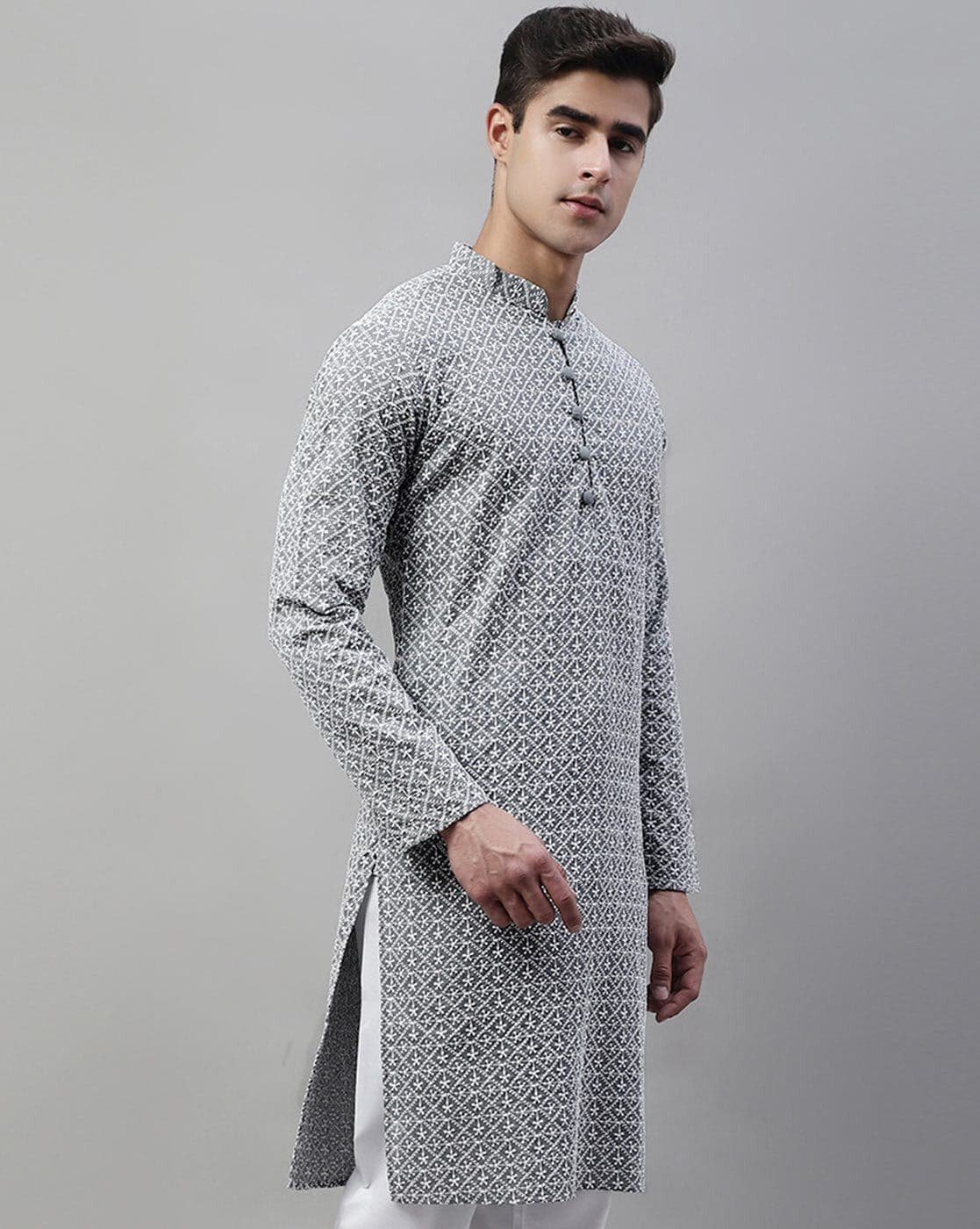 Embroidered Long Kurta with Mandarin Collar