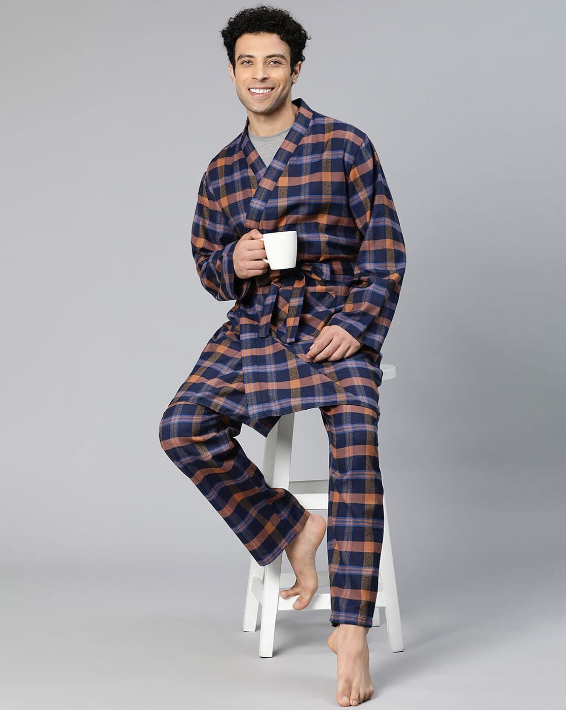 Checked Front-Open Robe with Pyjamas Set
